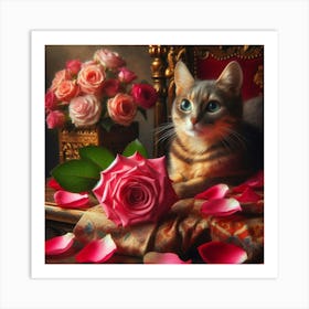 Cat With Roses Art Print