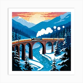 Vintage Travel Poster Cutout Steam Train Crossing A Curved Viaduct Over A Twilight Lit Valley Flan 2 Art Print