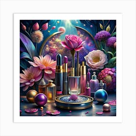 Mystic Beauty Products Arrangement With Flowers And Orbs Art Print