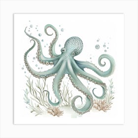 Watercolour Storybook Style Octopus With Bubbles 1 Art Print