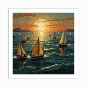 Sailboats At Sunset 8 Art Print