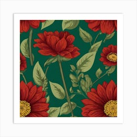 Red Flowers On Green Background Art Print