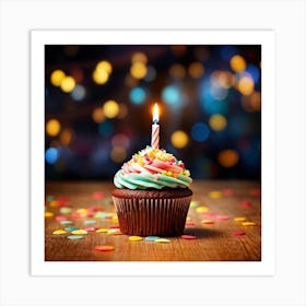 Birthday Celebration Cupcake Adorned With Vibrant Hued Frosting Single Candle Alight Casting A So (6) Art Print