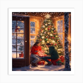 Couple Opening Christmas Gifts Art Print