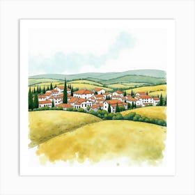 Spanish Village Landscape With Rolling Hills And Traditional Houses In Watercolor Art Print