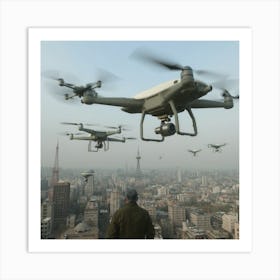 Drones Flying Over A City Art Print