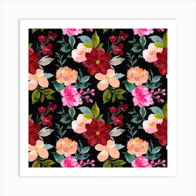 Watercolor Floral Pattern,seamless pattern of colorful watercolor floral on black background Art Print