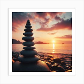 Balancing Stone On The Beach At Sunset Art Print