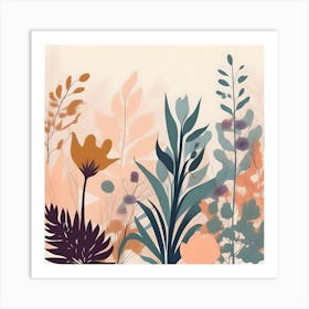 Botanical Illustration Silhouette, Peach, Turquoise, Burgundy and Mustard Art Print