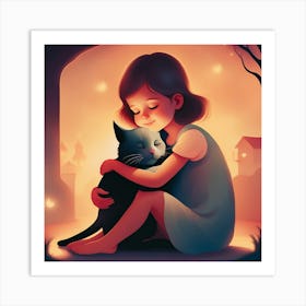 Little Girl Hugging Cat Art Print