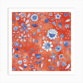 Indigo Blue Flowers on a Coral Orange Background Art Print