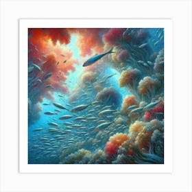 Sardines Swimming In A Surreal Underwater Garden, Style Digital Impressionism Art Print