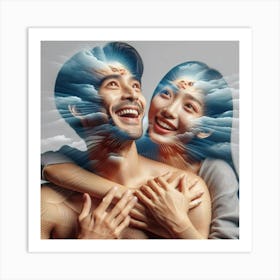 Couple Hugging In Clouds Art Print