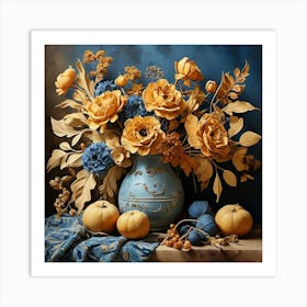 Still Life Ocher And Blue Autumn Flowers Art Print 3 Art Print