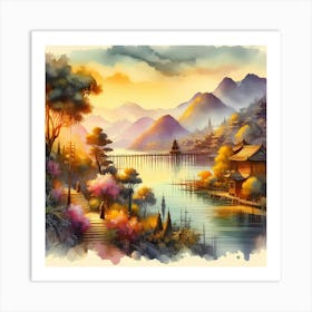 Watercolor Of Asian Landscape Art Print