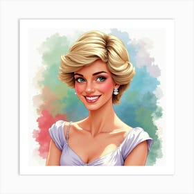 Elegant Princess Diana, Smiling Brightly With A Colorful Watercolor Scene 1 Art Print