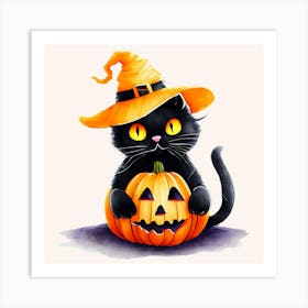 Black Cat Halloween Pumpkin Art Print