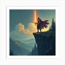 A Warrior With A Glowing Sword Standing On A Cliff 1 Art Print