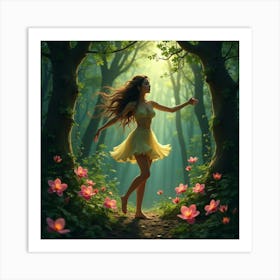 Forest Nymph Dancing Among Glowing Flowers And Vines 1 Art Print