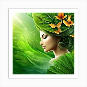 Portrait Of A Woman With Green Leaves 1 Art Print