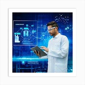 Abstract Cyber Industrial Icon Featuring A Futuristic Manager Interfacing With An Ai System Engagin (2) Art Print