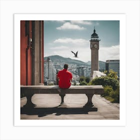 Portrait Of A Man Sitting On A Bench Art Print