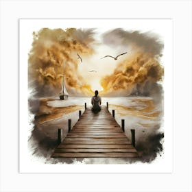 Of A Man Sitting On A Dock Art Print