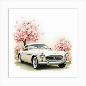 Elegant Classic Car With Spring Blossoms, Watercolor Painting 1 Art Print