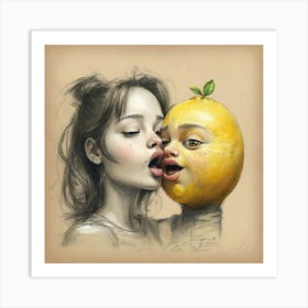 Girl Kissing A Lemon Art Print