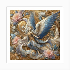 Angel Beauty In Flowers And Gold Ornament Creative Detail Drawing 1 Art Print