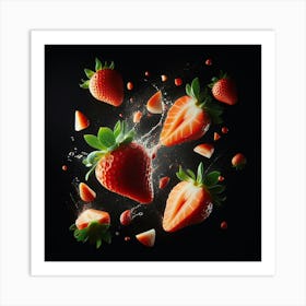 Strawberry Splashing On Black Background Art Print