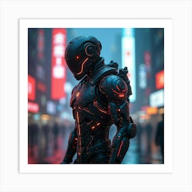 A Futuristic Cybernetic Warrior With Glowing Armor In A Neon Lit City Art Print