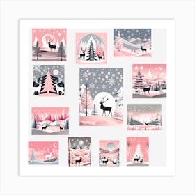 Deer In The Snow, Christmas Tree art, Christmas Tree, Christmas vector art, Vector Art, Christmas art, Christmas, pink and white, collage, collage art Art Print