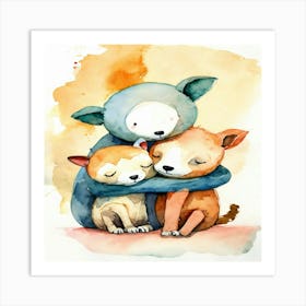 Watercolor Of Two Dogs Hugging Art Print