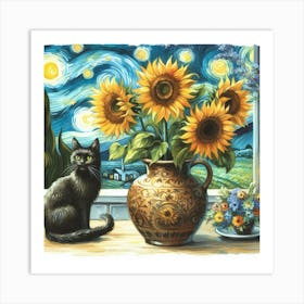 Starry Night watercolor pestel painting Vase With Three Sunflowers With A Black Cat, Van Gogh Inspired Art Print Art Print