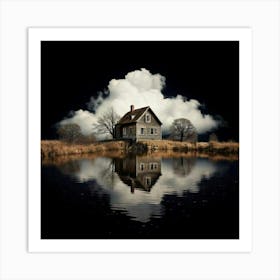 Firefly Black Background, Reflection, Old House, Cloud, Pond, Atmospheric, Serene, Mysterious, Moody (2) Art Print