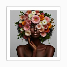 Black Woman With Flowers On Her Head Art Print