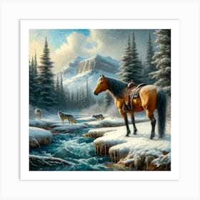 Beautiful Horse In Stream With Wolves 3 Art Print