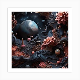 Dreamy cosmic scene with dark colors and surreal elements, Art Print