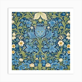 william morris Style Blue Cat Art Print