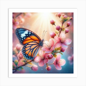 Butterfly On Blossoming Cherry Tree Art Print