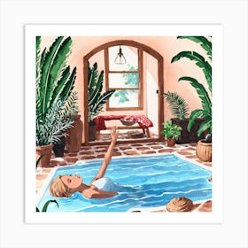 Woman Relaxing In A Pool Art Print