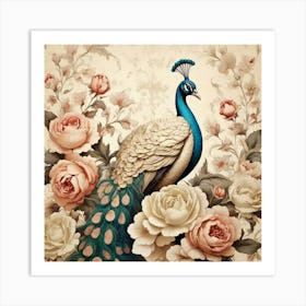 Cream Vintage Floral Peacock Wallpaper Art Print Art Print