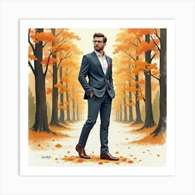 Stylish Man In Watercolor Suit, Scenic Autumn Forest 1 Art Print