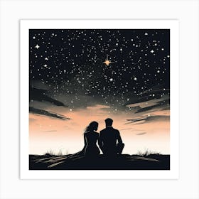 Couple Sitting Under The Stars, A Single Elegant Line Drawing Of A Men And Woman Art Of Sitting To Gather Alone Back Side Pose , Starry Night Art Print