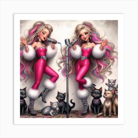 Two Girls Singing With Cats Art Print