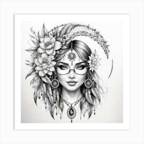 Hawaiian Girl With Flowers Tattoo Dreamcatcher Art Print