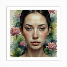 Portrait Of A Woman With Lotus Flowers Art Print