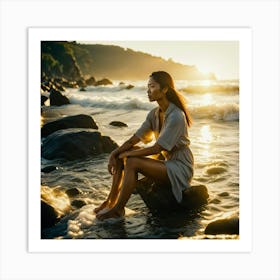 Asian Woman Sitting On Rocks At Sunset Art Print