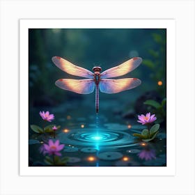 A Dreamy Dragonfly With Wings Of Shimmering, Neon Colors Hovering Over A Mystical Pond Art Print